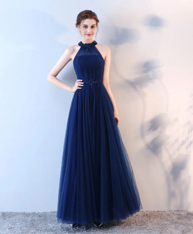 Blue Halter Tulle Long Prom Dress, Blue Evening Dress Tunics Sophisticated sleek