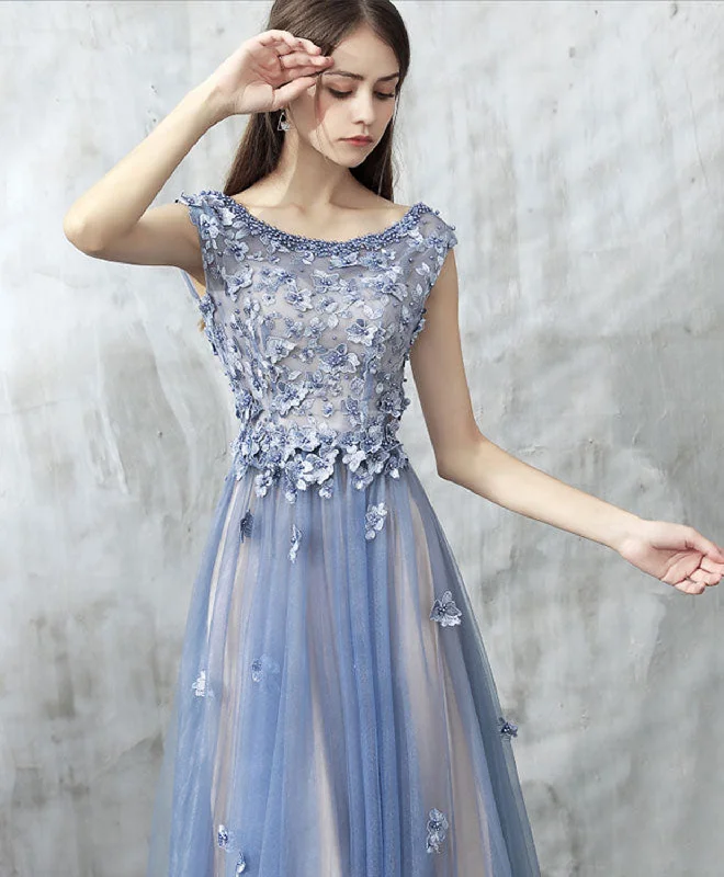 Blue Lace Applique Beads Tulle Long Prom Dress, Lace Evening Dress Tunics Chic elegant