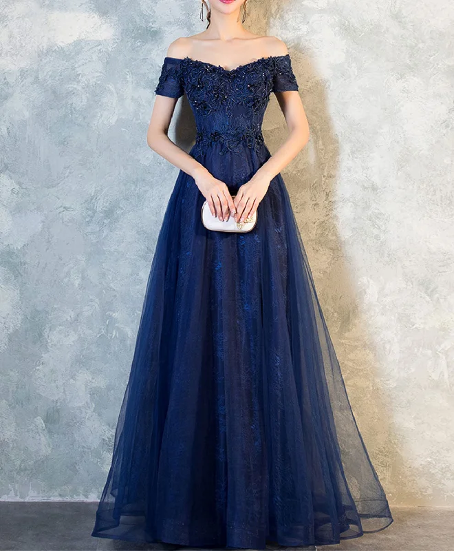 Blue Lace Off Shoulder Long Prom Dress, Blue Evening Dress A-Line Day Work