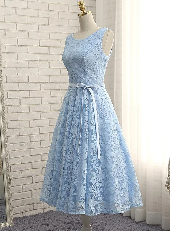 Blue Lace Tea Length Wedding Party Dress, Cute Party Dress Lace Sexy Club