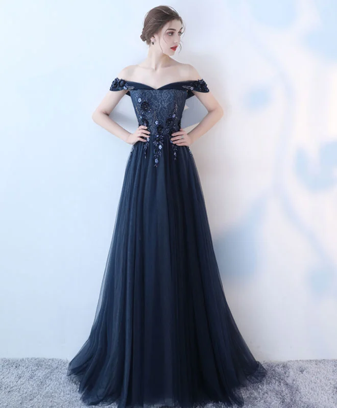 Blue Lace Tulle Long Prom Dress, Lace Evening Dress Tunics Lace romantic
