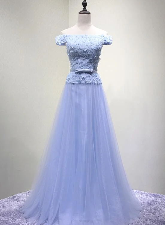 Blue Off Shoulder Lace and Floral Long Party Gowns, Charming Party Dress Tunics New arrival