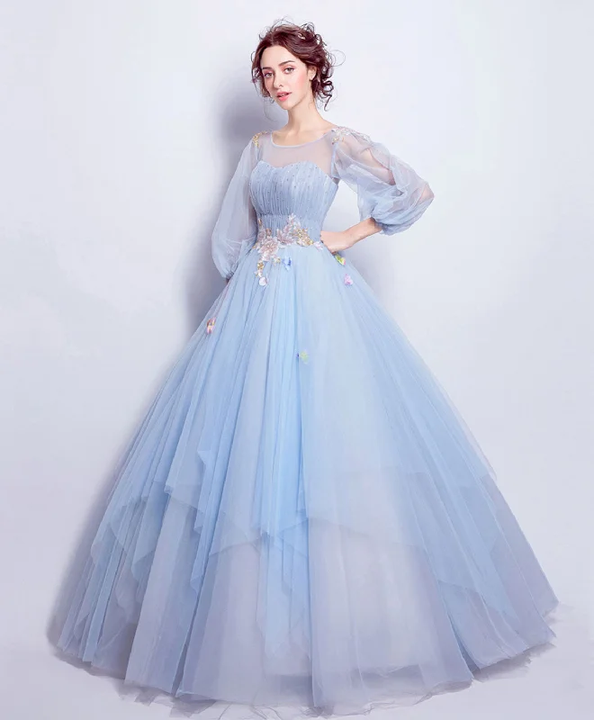 Blue Round Neck Tulle Blue Long Prom Gown, Blue Evening Dress empire Waist empire