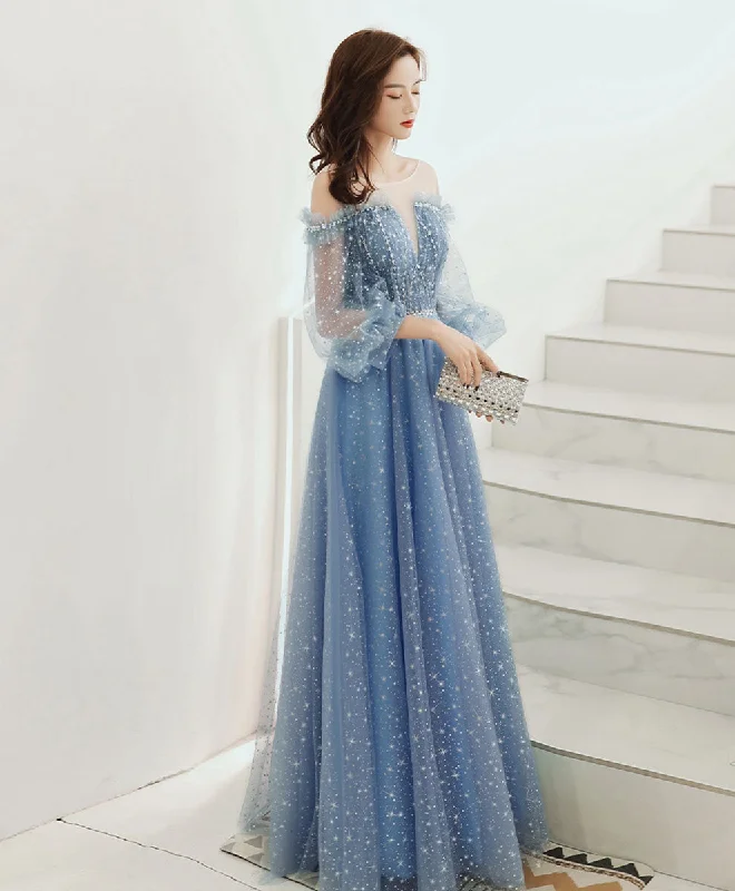 Blue Round Neck Tulle Sequin Long Prom Dress Tulle Evening Dress Tunics Exclusive limited