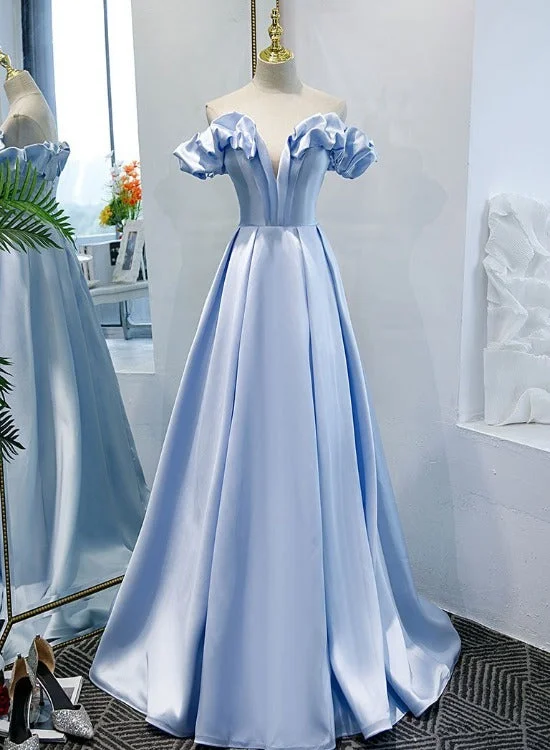 Blue Satin Simple Off Shoulder Long Party Dress 2022, A-line Light Blue Prom Dresses Boat Neckline Classic