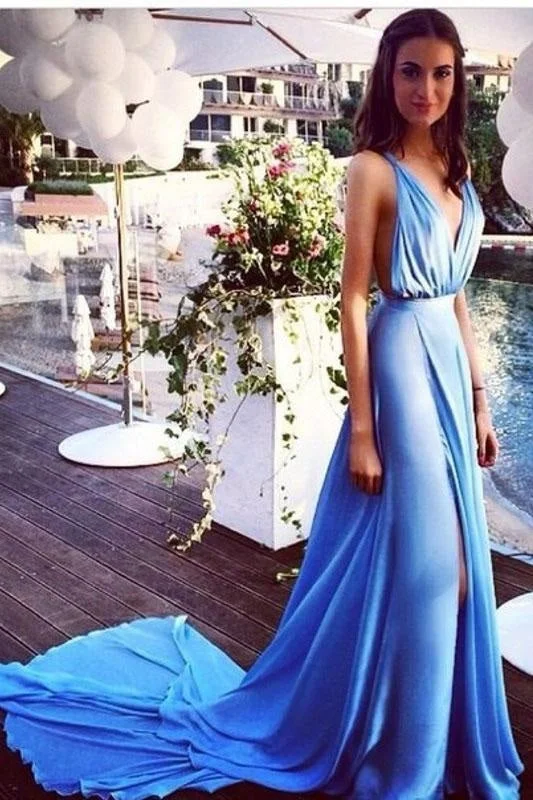 Blue Sleeveless V Neck Long Prom Dress Split Court Train Evening Dresses Sequined Elegant Party