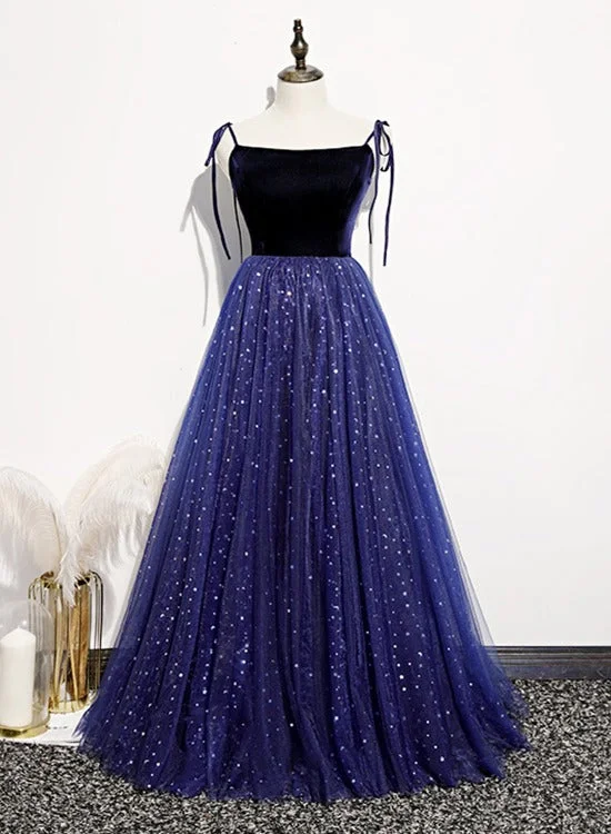 Blue Sparkle Tulle with Velvet Top Straps Long Formal Dress, A-line Simple Party Dress Pencil Length Work Blue Sparkle Tulle with Velvet Top Straps Long Formal Dress, A-line Simple Party Dress Pencil Length Work