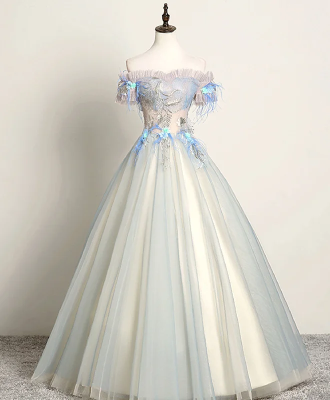 Gray Blue Sweetheart Lace Long Prom Dress, Gray Blue Tulle Evening Dress Tunics Timeless classic