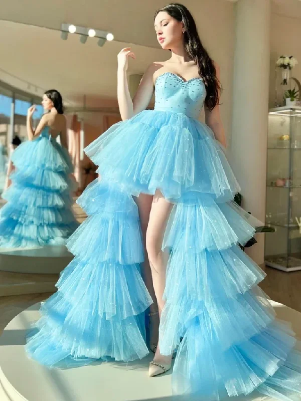 Blue Sweetheart Neck Open Back Strapless Beaded High Low Tulle Long Prom Dresses, Beaded Backless Blue High Low Formal Evening Dresses Tunics Distressed trendy