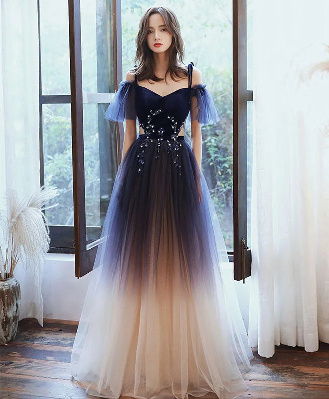 Blue Sweetheart Tulle Off Shoulder Long Prom Dress Blue Evening Dress Off-the-shoulder Chic Trendy