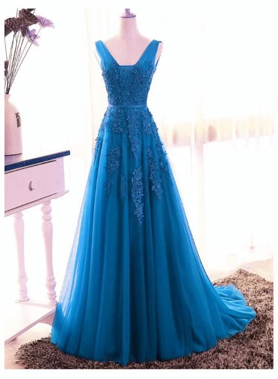 Blue Tull V-neckline Floor Length Low Back Party Dress, Blue Prom Dress Bridesmaid Dress Tunics Ceremony elegant