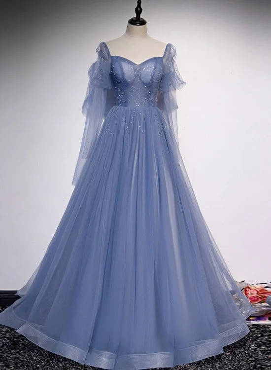 Blue Tulle Beaded Sweetheart Unique Long Prom Dress, Blue Evening Dress Formal Dress Tunics Short Trendy