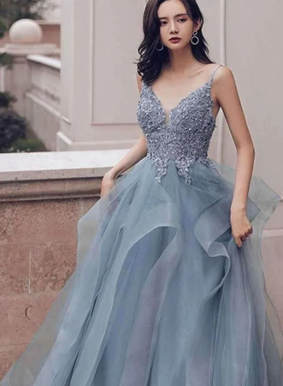 Blue Tulle Deep V-neck Appliqued Multi-Layered Organza Prom Dresses, Long Party Dresses High-Low Hemline Casual