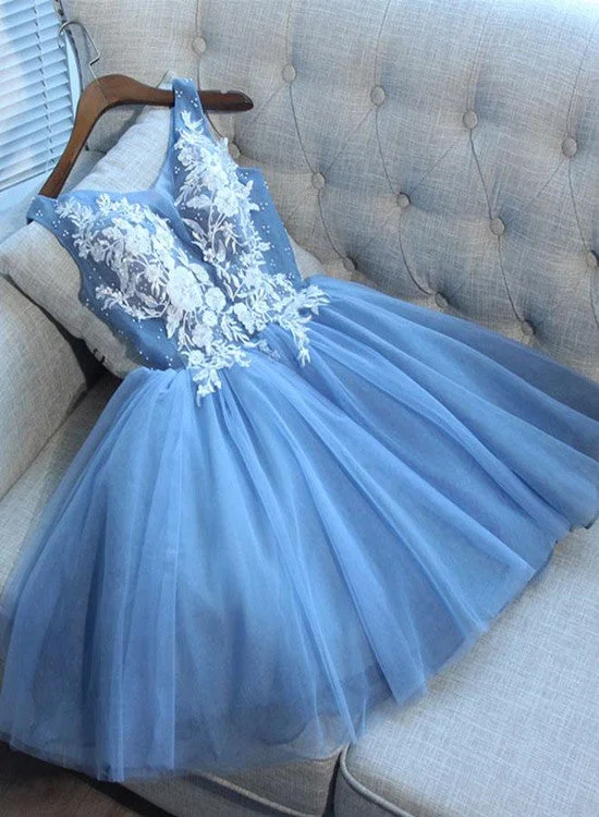 Blue Tulle Lace Applique with Beadings Homecoming Dresses, Blue Party Dresses Tunics Trousers formal