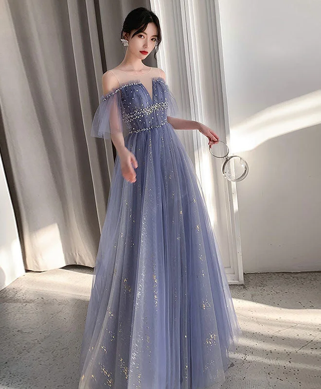 Blue Tulle Lace Long Prom Dress Blue Tulle Lace Evening Dress Tunics Luxurious premium