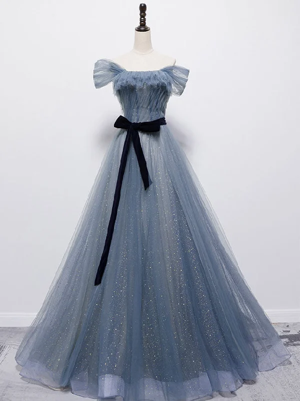 Blue Tulle Off Shoulder Sequin Long Prom Dress Blue Evening Dress Tunics Vintage classic Blue Tulle Off Shoulder Sequin Long Prom Dress Blue Evening Dress Tunics Vintage classic