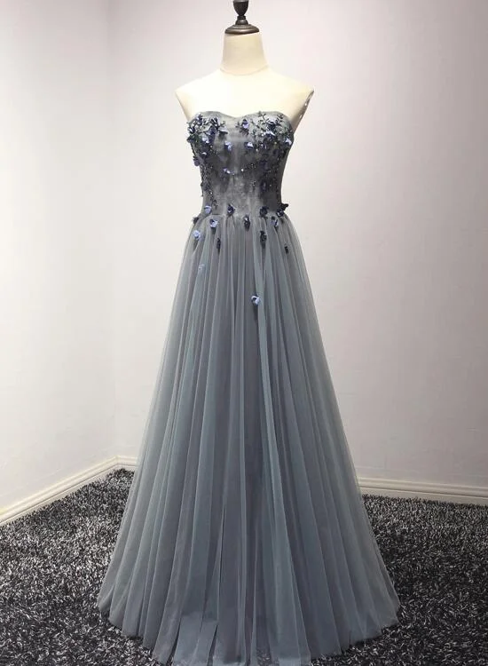 Blue Tulle Sweetheart Long A-line Party Dress, Formal Gowns Tunics Party sparkling