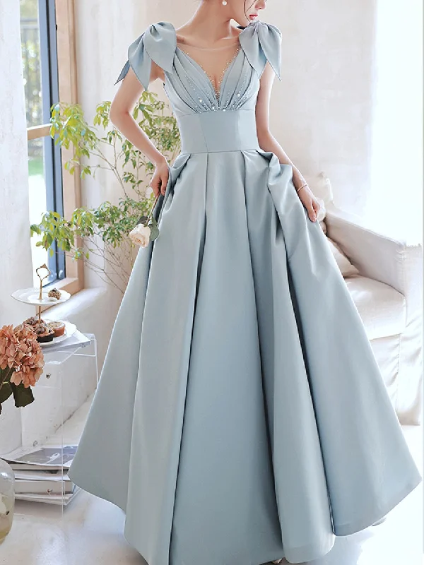 Blue V Neck Satin Long Prom Dress, Blue Satin Evening Dresses Tunics Ceremony elegant