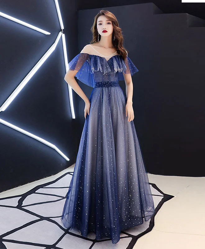 Blue V Neck Tulle Long Prom Dress, Blue Tulle Evening Dress High-Low Hemline Casual