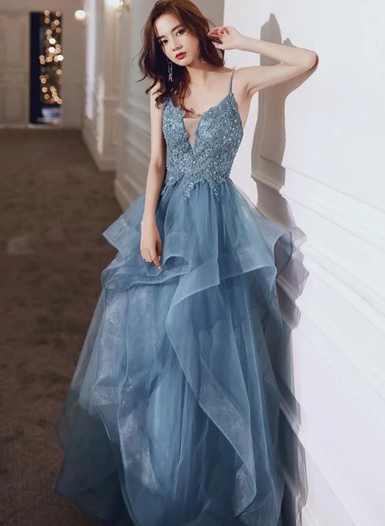 Blue V-neckline Lace Applique Layers Straps Formal Gown, Blue Prom Dress Party Dress Tunics Handmade artisanal