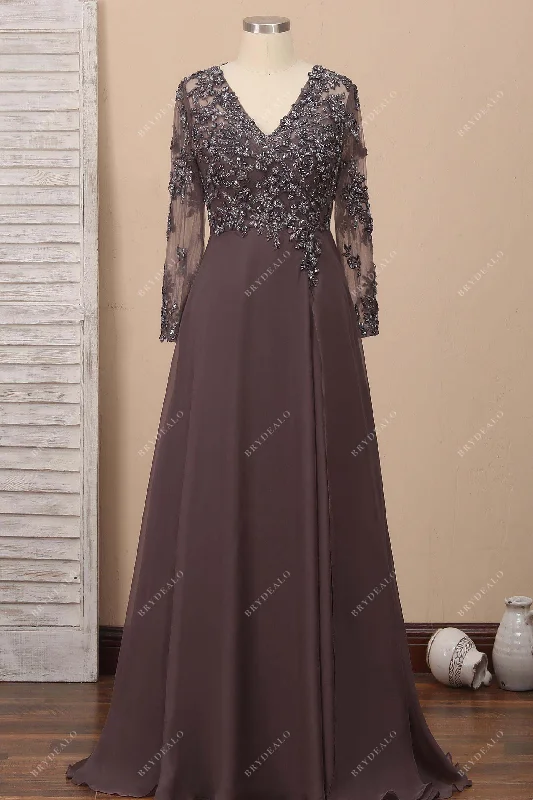 Brown Beaded Chiffon Plus Size Evening Dress Off-the-shoulder Chic Trendy