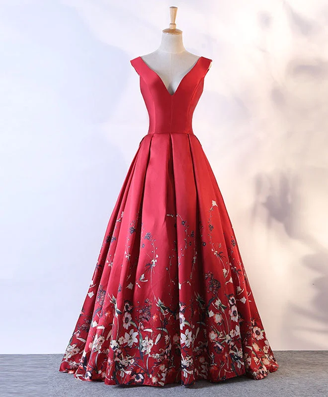 Red Floral Pattern Long Prom Dress, Red Evening Dress Tunics Prom sequined