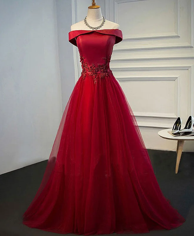 Burgundy Lace Tulle Long Prom Dress, Off Shoulder Evening Dress Satin Halter Glamorous