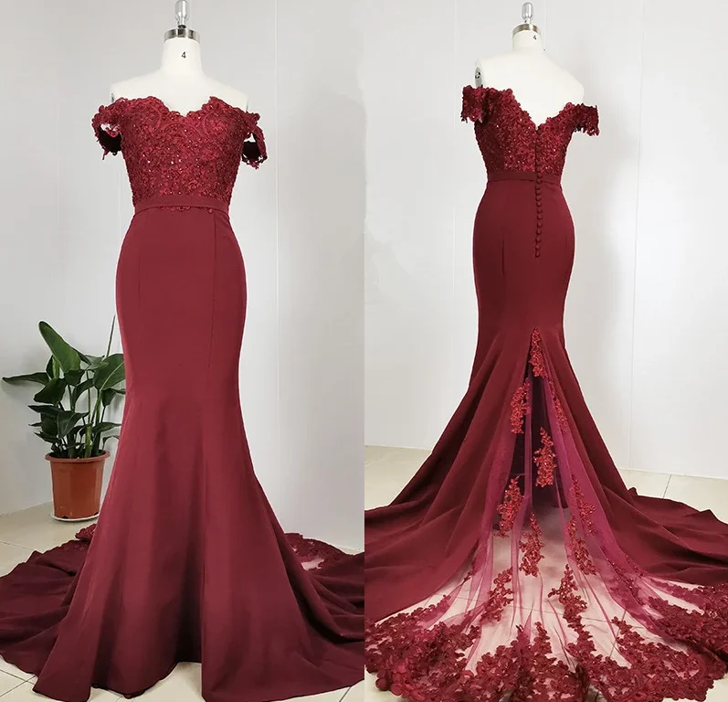 Burgundy Off Shoulder Handmade Mermaid Bridesmaid Dress, Long Prom Dress Evening Dress   cg10645 sweetheart Neckline Romantic