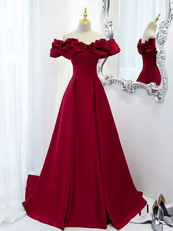 Burgundy Off Shoulder Satin Long Prom Dress, Burgundy Formal Evening Dress Tunics Leisure comfortable