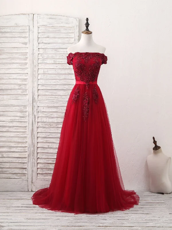 Burgundy Off Shoulder Tulle Lace Applique Long Prom Dress, Evening Dress Tunics stripes playful Burgundy Off Shoulder Tulle Lace Applique Long Prom Dress, Evening Dress Tunics stripes playful