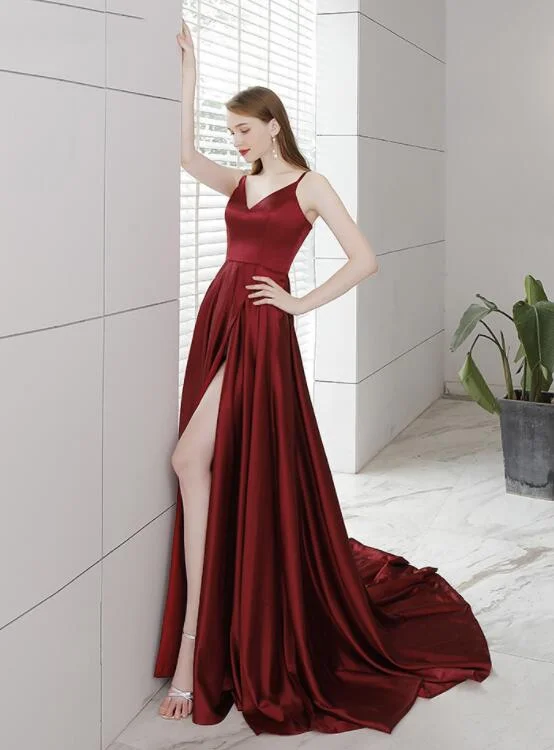 Burgundy Satin Straps High Leg Slit Long Party Dress Evening Dress, Burgundy Prom Dress Tunics Versatile stylish