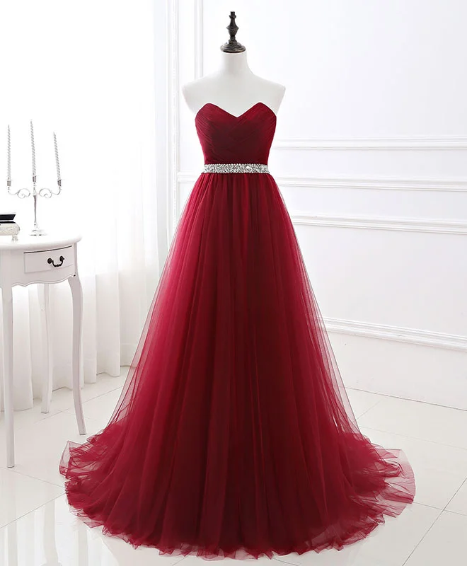 Burgundy Sweet Neck Tulle Long Prom Gown, Burgundy Evening Dress Tunics Versatile stylish