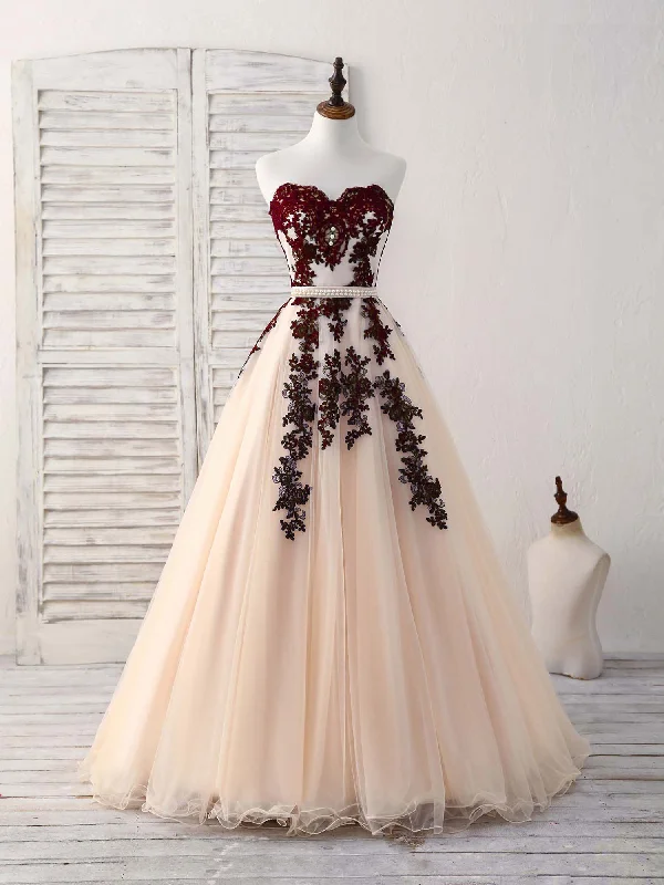 Burgundy Sweetheart Tulle Long Prom Dress, Burgundy Evening Dress Tunics Winter warm