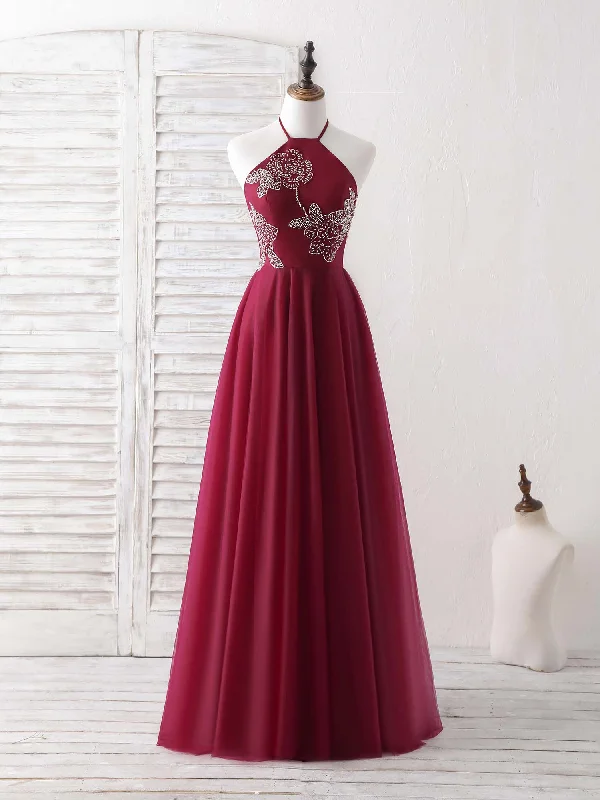 Burgundy Tulle Beads Long Prom Dress Burgundy Evening Dress Tunics Yoga stretchy
