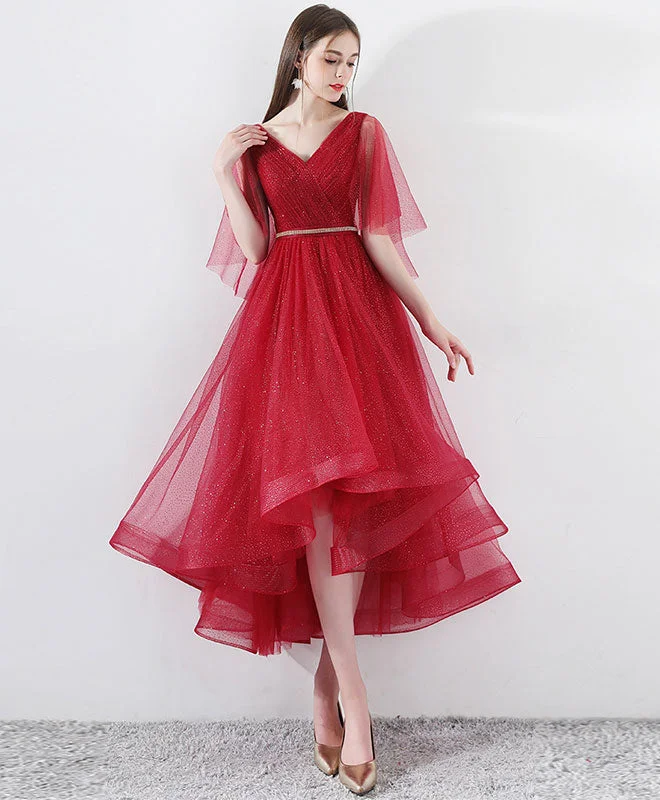 Burgundy Tulle High Low Prom Dress, Burgundy Tulle Evening Dress Tunics Practical easy-care