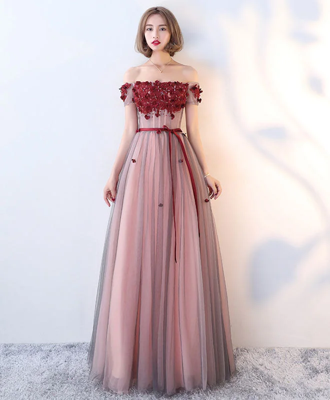 Burgundy Tulle Lace Long Prom Dress, Burgundy Evening Dress Tunics Top Casual