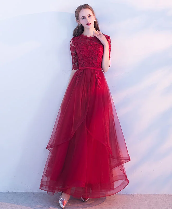 Burgundy Tulle Lace Long Prom Dress, Burgundy Tulle Evening Dress Tunics Fashionable trendy