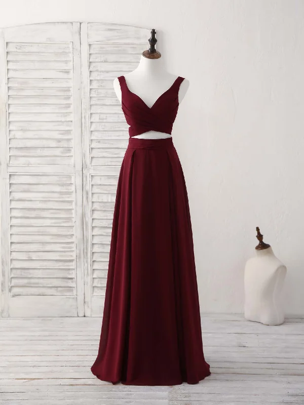 Burgundy Two Pieces Chiffon Long Prom Dress, Evening Dress Tunics Designer luxury