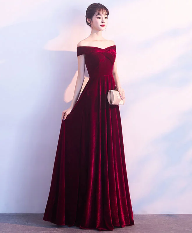 Burgundy V Neck Velvet Long Prom Dress, Evening Dress Tunics Luxurious high-end