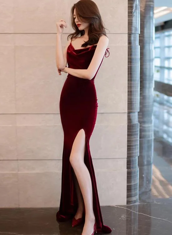 Burgundy Velvet Sexy Mermaid Slit Long Evening Dress, Backless Prom Dress Party Dress Off-the-shoulder Chic Trendy