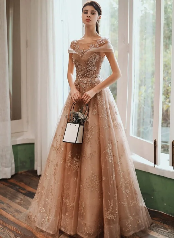 Champagne Cap Sleeves Tulle Long Party Dress, New Style Long Prom Dress Party Dress Tunics Short Trendy