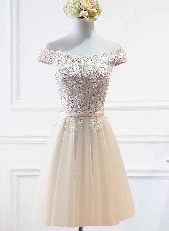 Champagne Lace Applique Off Shoulder Tulle Party Dress Homecoming Dress, Tulle Short Prom Dress Satin Halter Glamorous
