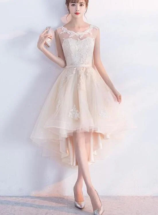 Champagne Lace Round Neckline High Low Tulle Formal Dress, Cute Party Dresses Tunics Timeless classic