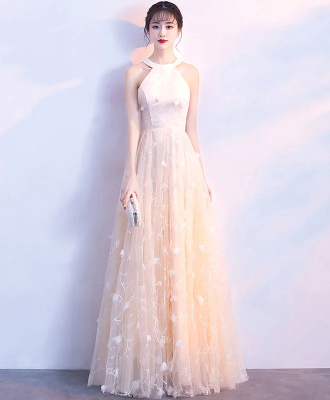 Champagne Lace Tulle Long Prom Dress, Champagne Evening Dress Tunics Plaid country