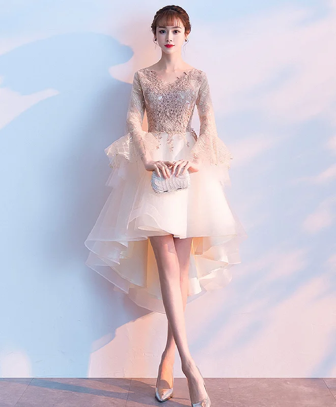 Champagne Round Neck Tulle Lace Short Prom Dress, Evening Dress Tunics Versatile functional
