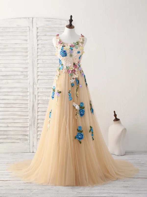 Champagne Tulle Lace Applique Long Prom Dress, Evening Dress Tunics Travel practical Champagne Tulle Lace Applique Long Prom Dress, Evening Dress Tunics Travel practical