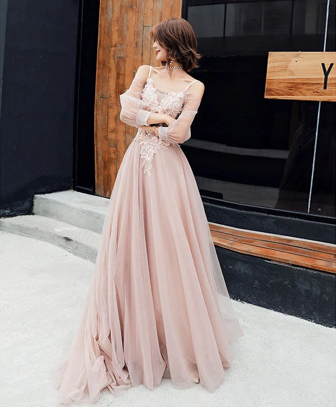 Champagne Tulle Lace Long Prom Dress, Champagne Evening Dress Tunics Stylish modern
