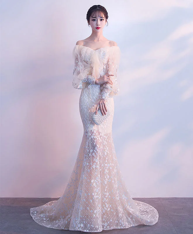 Champagne Tulle Lace Mermaid Long Prom Dress, Tulle Lace Evening Dress Tunics Sophisticated sleek Champagne Tulle Lace Mermaid Long Prom Dress, Tulle Lace Evening Dress Tunics Sophisticated sleek