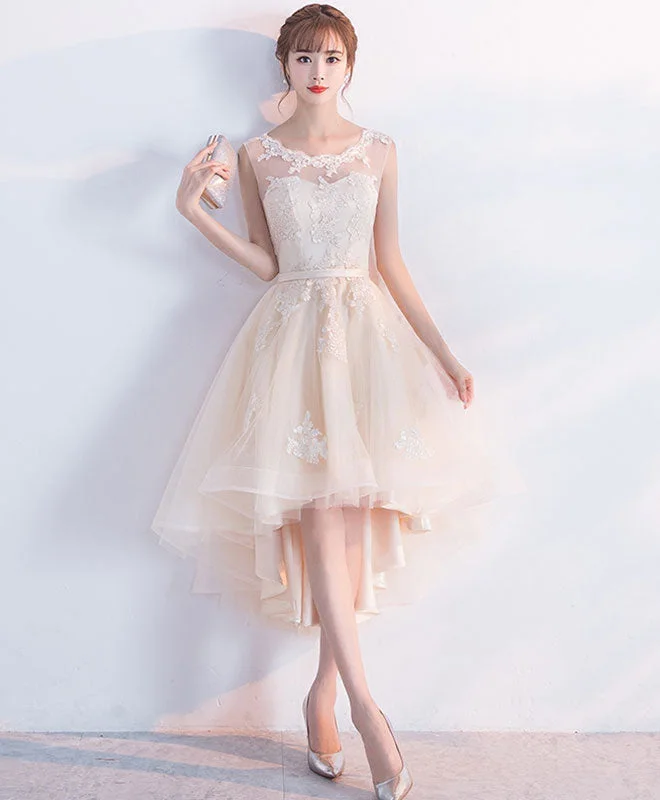 Champagne Tulle Lace Short Prom Dress, High Low Evening Dress Tunics Sale discount