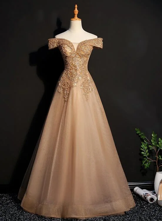 Champagne Tulle Off Shoulder Lace Applique Party Dress, A-line Floor Length Long Evening Dress Tunics Mesh breathable